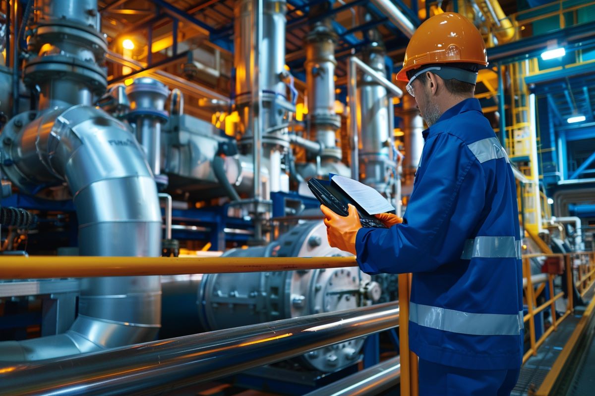 um trabalhador de manutenção em um ambiente industrial complexo, consultando um tablet enquanto analisa a maquinaria ao redor.