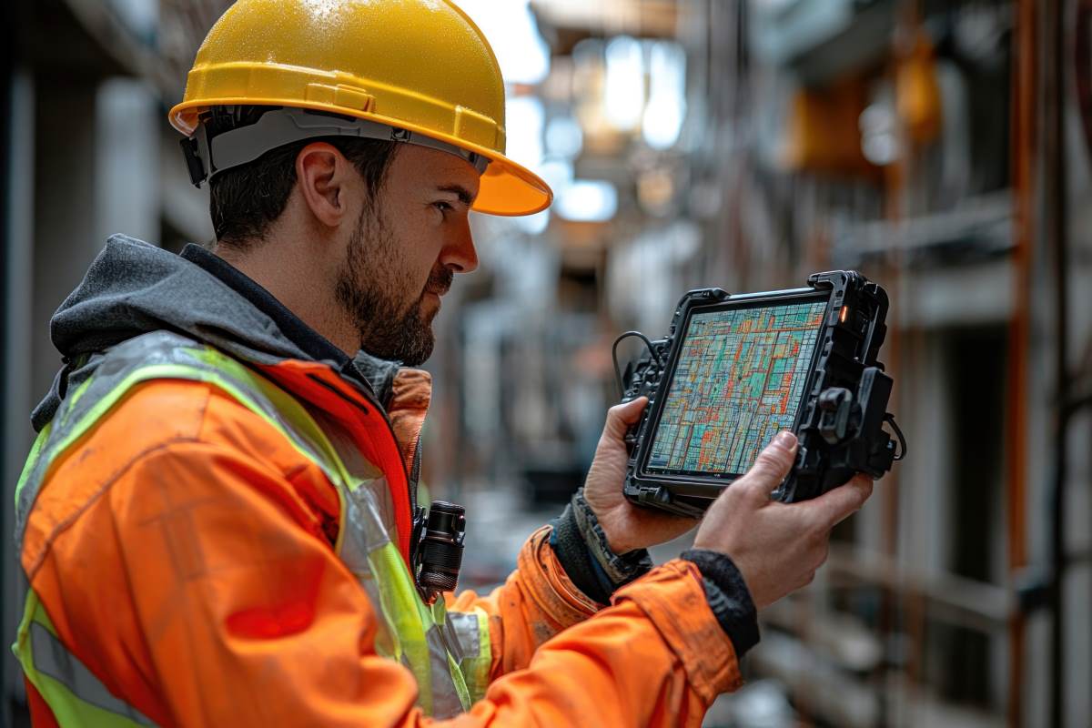 um trabalhador em um ambiente industrial, vestindo capacete e colete de segurança laranja, manipulando um câmera termográfica